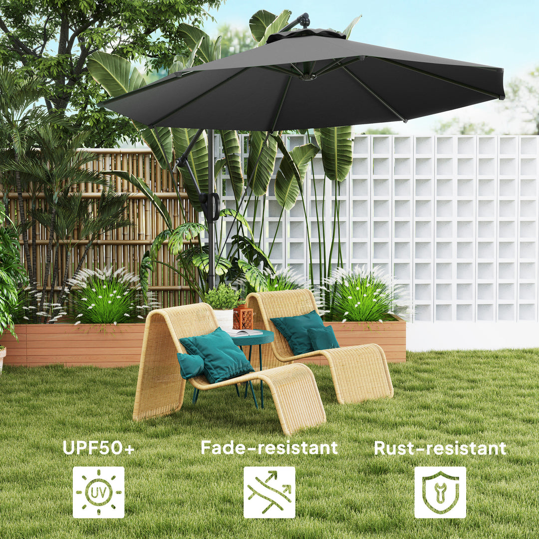 3(m) Garden Cantilever Parasol with Cover and Wind Protection Strap, Round Overhanging Umbrella with Crank Handle and Tilt, Banana Patio Umbrella for Outdoor Sun Shade, UPF50+, Grey