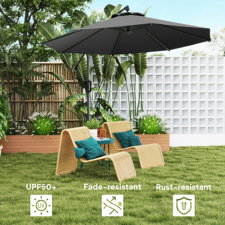 3(m) Garden Cantilever Parasol with Cover and Wind Protection Strap, Round Overhanging Umbrella with Crank Handle and Tilt, Banana Patio Umbrella for Outdoor Sun Shade, UPF50+, Grey