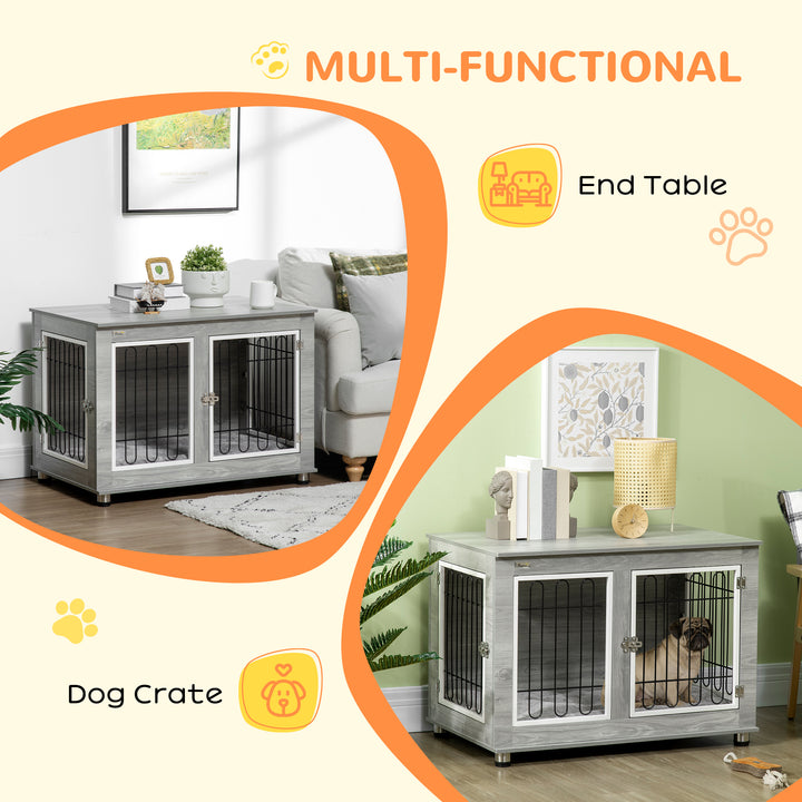 Dog Crate Furniture End Table, with Washable Cushion, Double Doors, for Medium/Large Dogs, Grey