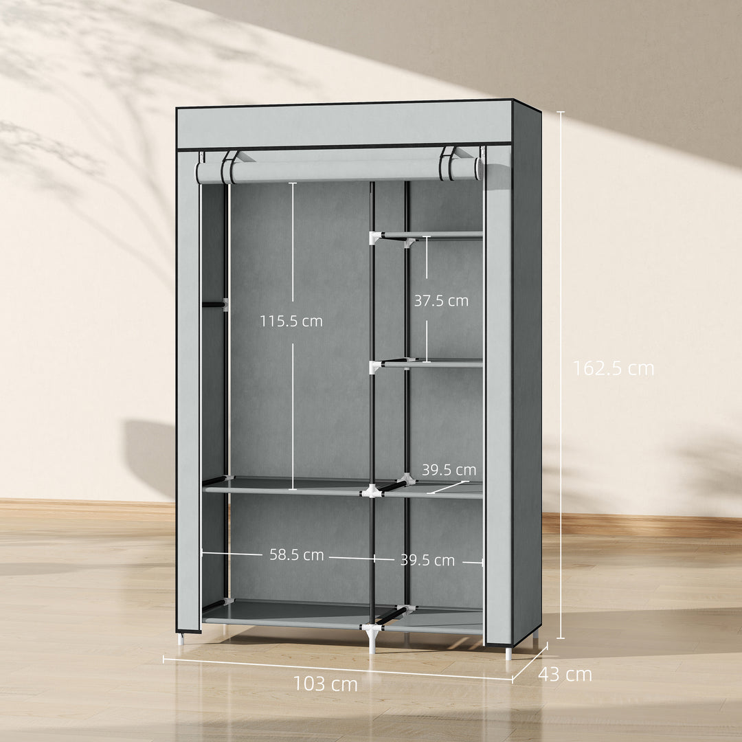 Fabric Wardrobe, Portable Wardrobe with 6 Shelves, 1 Hanging Rail, Foldable Closets, 103 x 43 x 162.5 cm, Light Grey