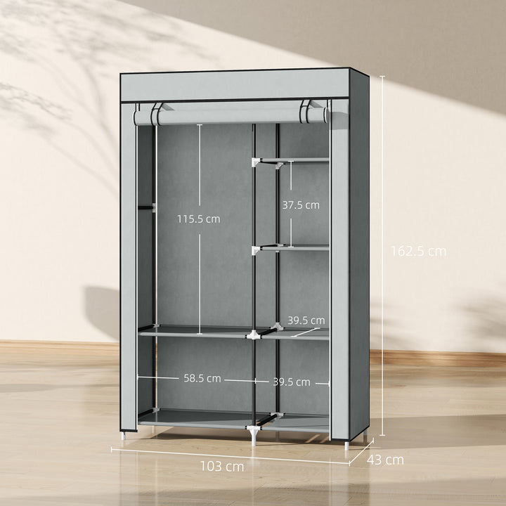 Fabric Wardrobe, Portable Wardrobe with 6 Shelves, 1 Hanging Rail, Foldable Closets, 103 x 43 x 162.5 cm, Light Grey