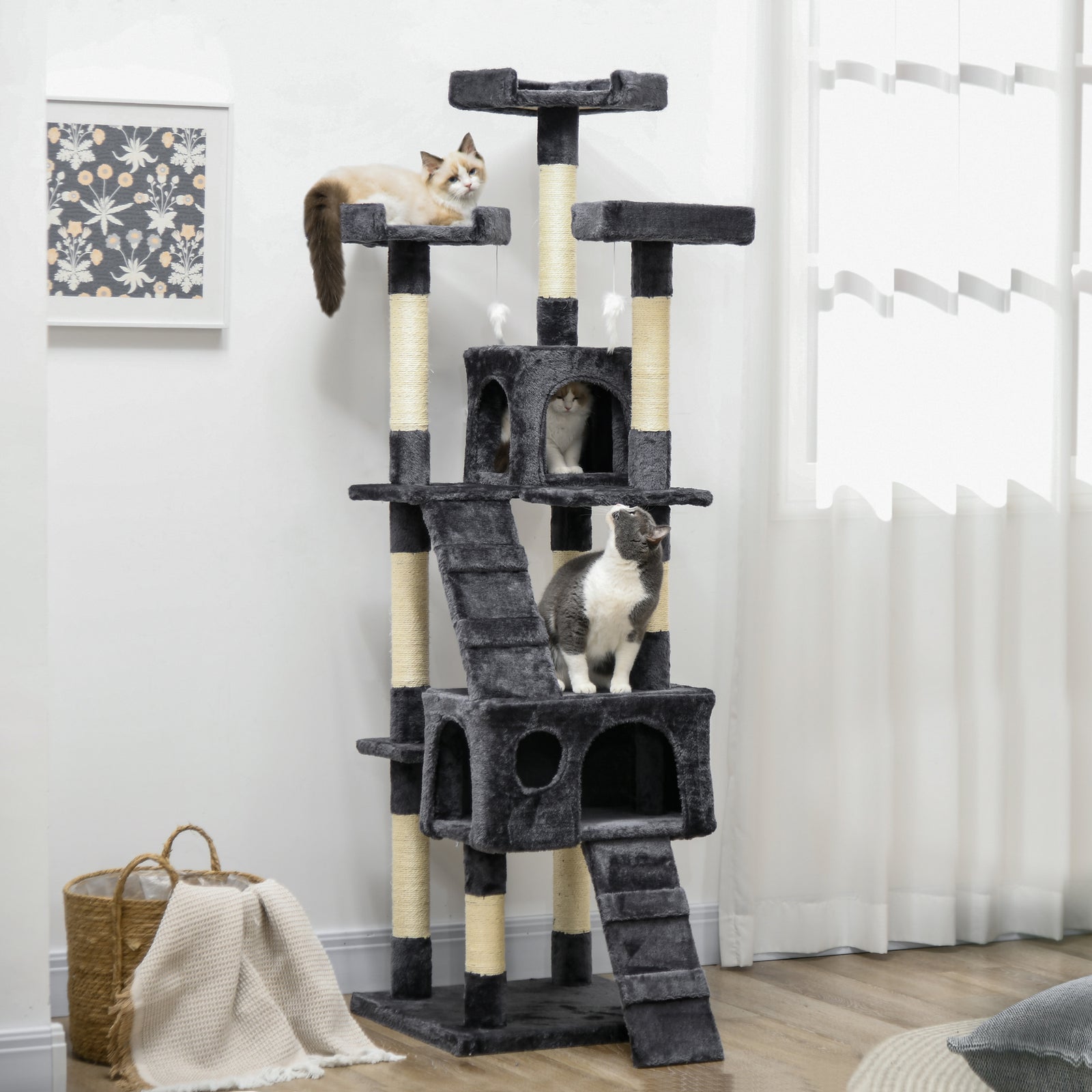 173cm Cat Tree Scratching House, Activity Play Centre, Charcoal Grey