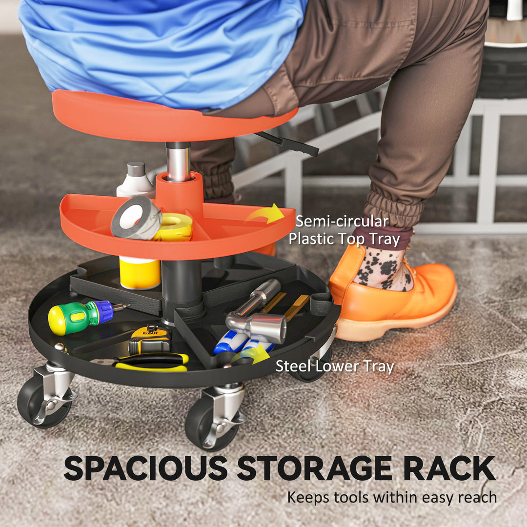 Rolling Mechanic Stool, 135kg Capacity Workshop Stool, 360° Swivel Roller Padded Creeper Seat with Wheels, Tool Trays Storage for Garage, Shop, Auto Repair, Yellow