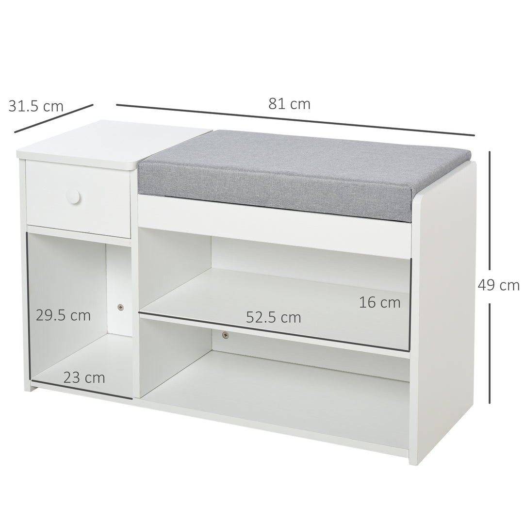 HOMCOM Shoe Storage Bench with Drawer, Cushioned Seat, 3 Compartments for Home Organisation, Hallway Entryway Furniture, White | Aosom UK