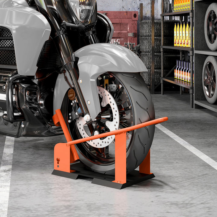 Motorcycle Wheel Chock, 816.5 kg Capacity Heavy Duty Steel Motorcycle Front Wheel Chock Holder with 3 Height Adjustable Holes, Fits 381-533.4 mm Wheels, Orange
