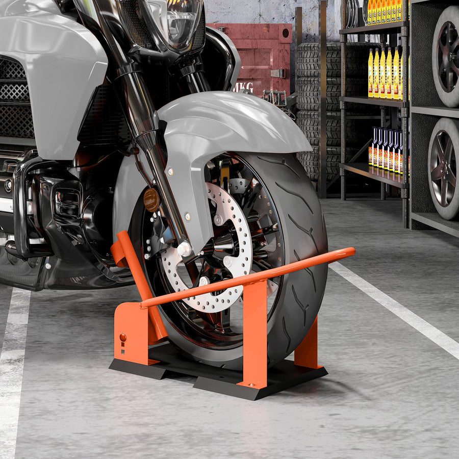 Motorcycle Wheel Chock, 816.5 kg Capacity Heavy Duty Steel Motorcycle Front Wheel Chock Holder with 3 Height Adjustable Holes, Fits 381-533.4 mm Wheels, Orange