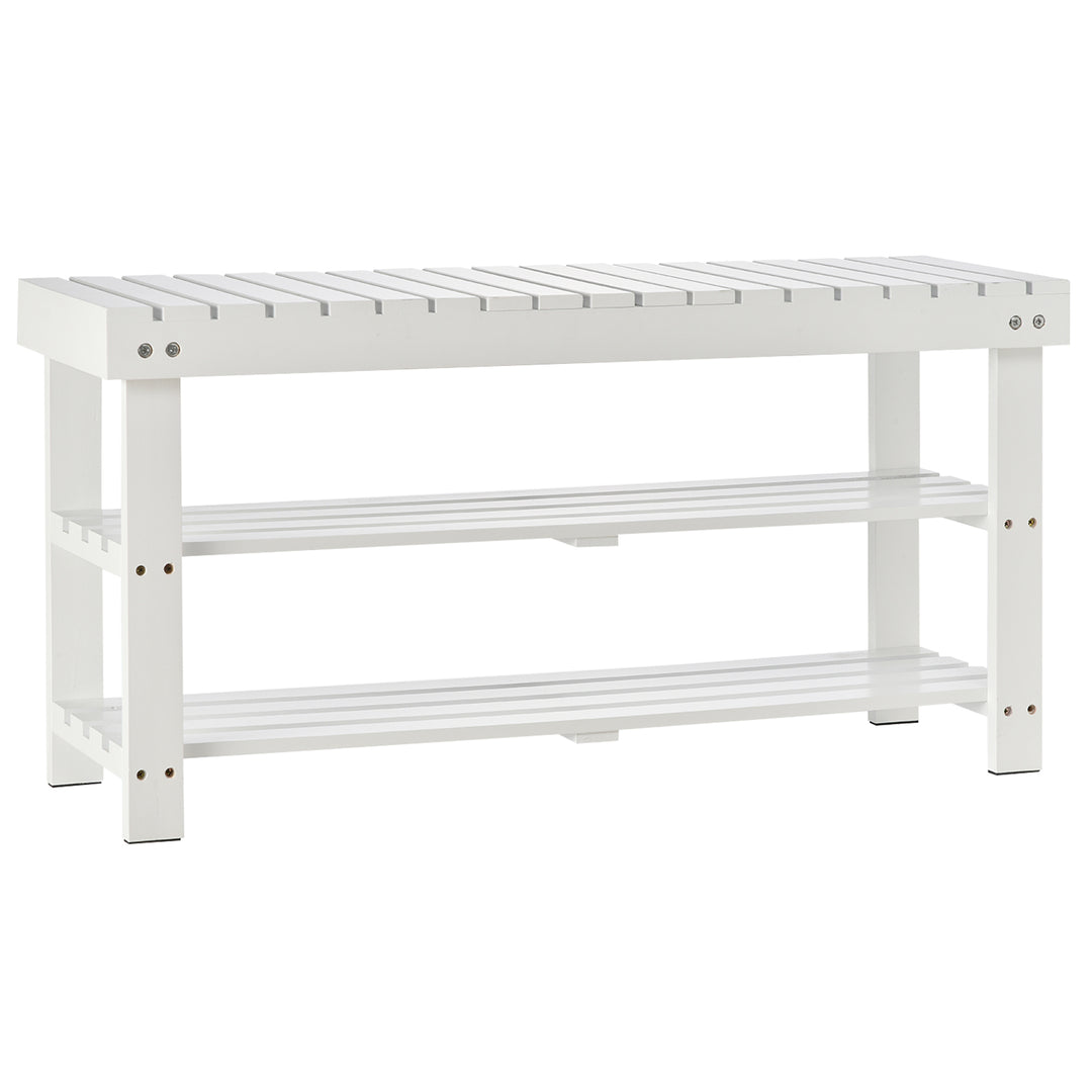 Shoe Bench, 3-Tier Wooden Shoe Rack with Hidden Storage Compartment, Slatted Shelves, Home Storage Unit, Hallway Furniture, White, 90L x 29W x45H cm