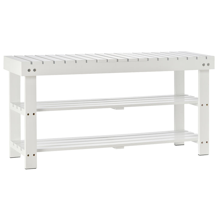 Shoe Bench, 3-Tier Wooden Shoe Rack with Hidden Storage Compartment, Slatted Shelves, Home Storage Unit, Hallway Furniture, White, 90L x 29W x45H cm