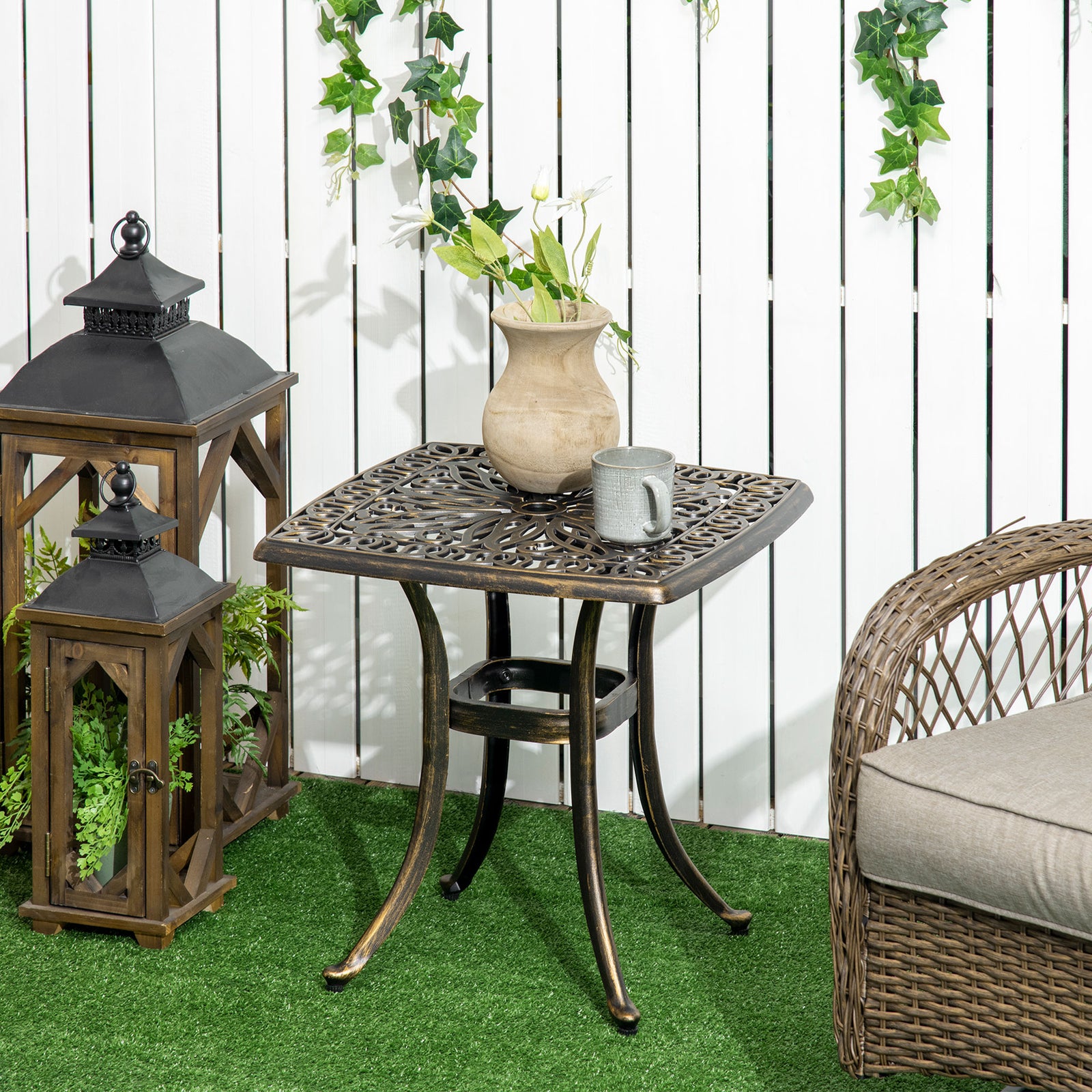 Outdoor Patio Side Table with 38mm Dia. Umbrella Hole, Cast Aluminium Patio coffee Table, 54 x 54cm, Bronze Tone
