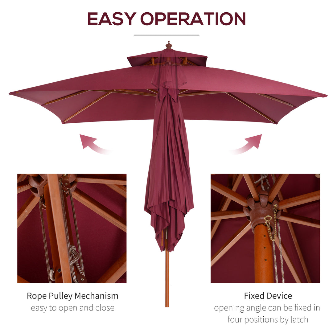3 x 3(M) Garden Parasol Umbrella Sunshade, Outdoor Wooden Parasol with Double Tier Canopy, Wine Red