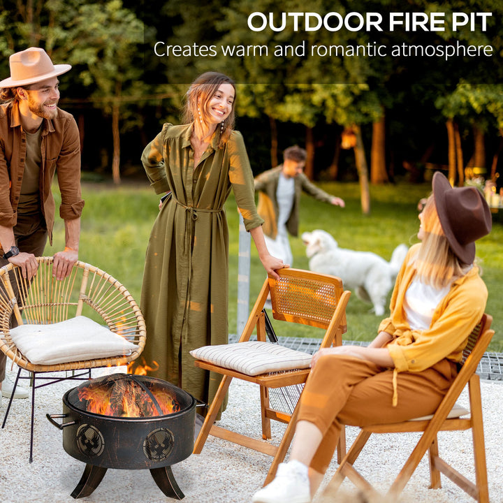 Outsunny Outdoor Fire Pit Patio Heater Charcoal Log Wood Burner with Screen Cover, Fire Bowl with Poker for Backyard, Bronze Tone