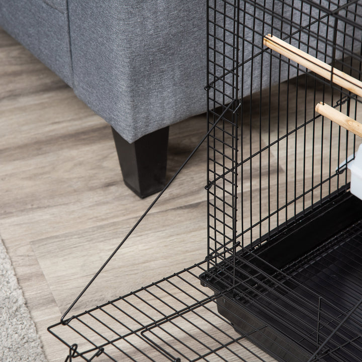 Steel Bird Cage with Openable Top, Stand, Tray, Handles, Feeding Bowls for Parakeet, Finch - Black