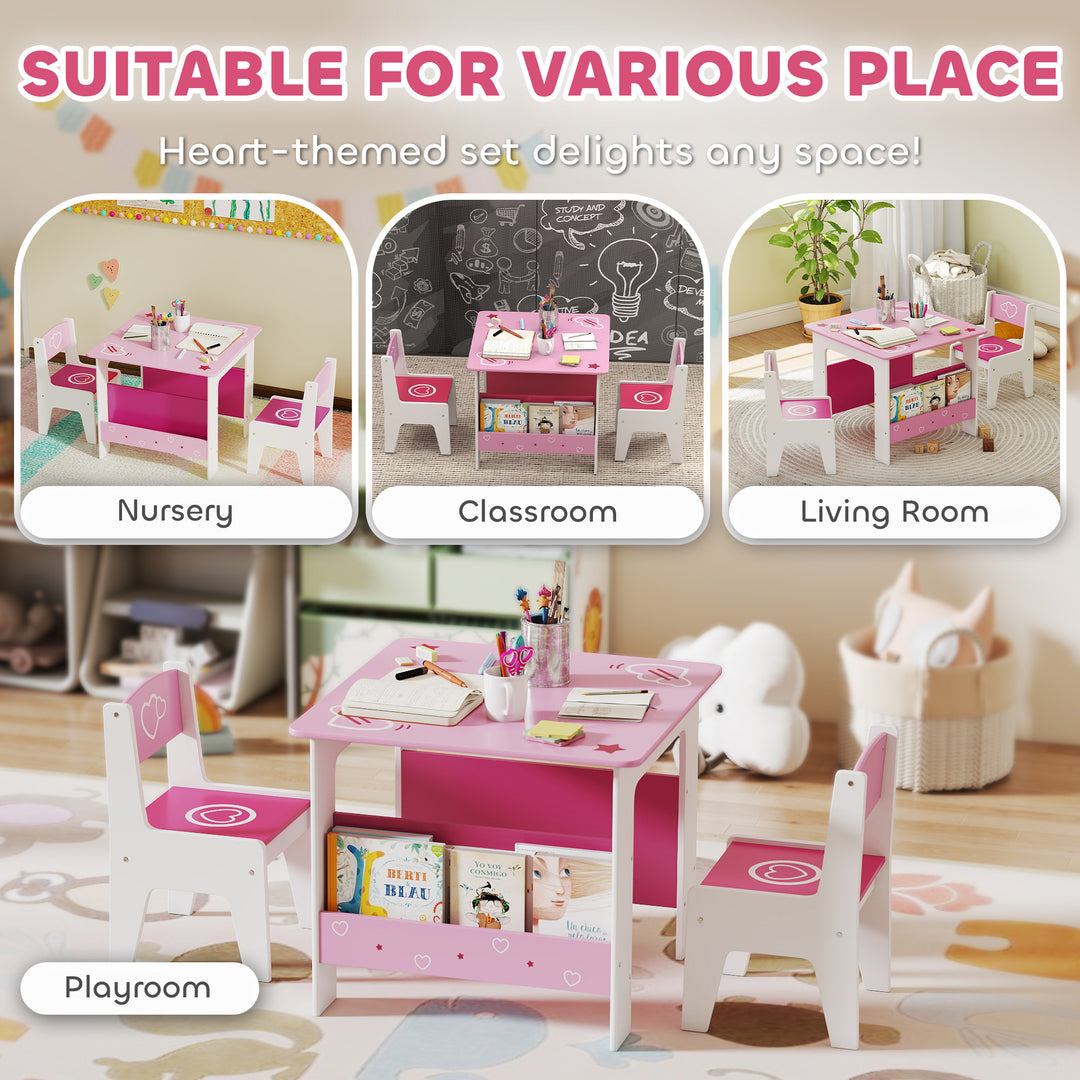 3 Pieces Kids Table and Chair Set, Toddler Activity Table with Bookshelves, for Living Room, Nursery, Playroom