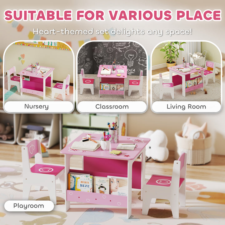 3 Pieces Kids Table and Chair Set, Toddler Activity Table with Bookshelves, for Living Room, Nursery, Playroom