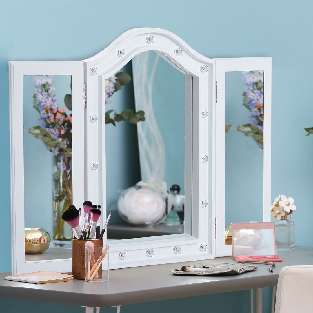MCL Trifold Freestanding Mirror, Lighted Tabletop Vanity Mirror Large Cosmetic w/16 LED Lights powered by batteries Foldable For Bedroom- White