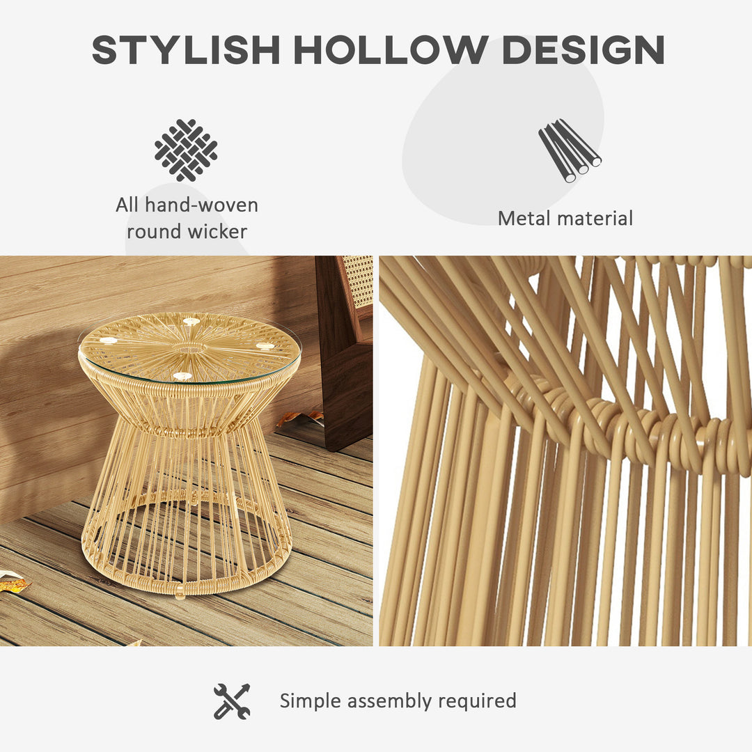 Round End Table, Rattan Side Table, Hollow Drum Design Coffee Table w/ Glass Tabletop for Patio, Garden, Balcony Natural