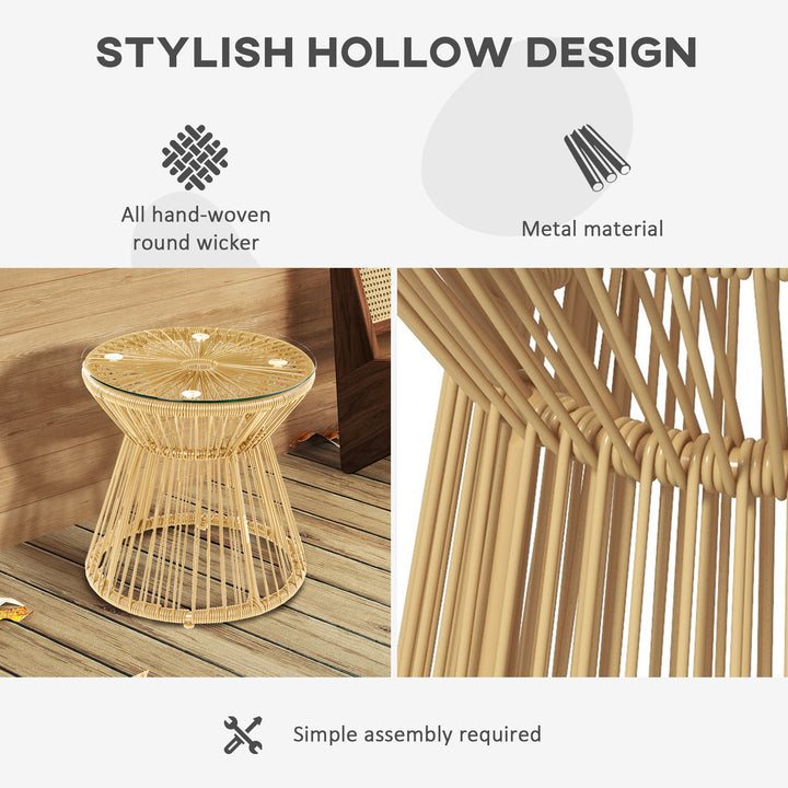 Round End Table, Rattan Side Table, Hollow Drum Design Coffee Table w/ Glass Tabletop for Patio, Garden, Balcony Natural