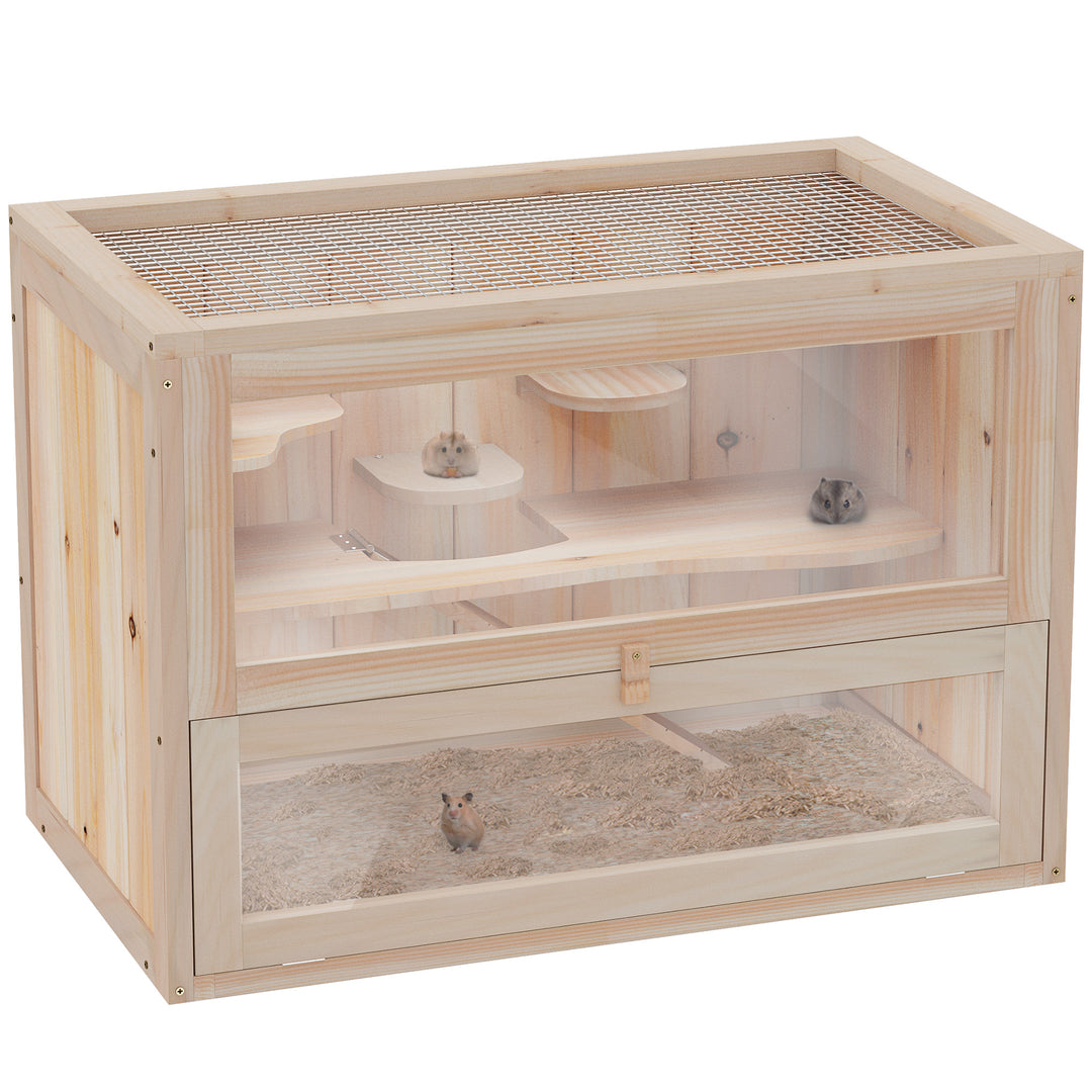 Wooden Hamster Cage Mouse Mice Rodent Small Animals Hutch Exercise Play House 60 x 35 x 42cm, Natural Wood Finish