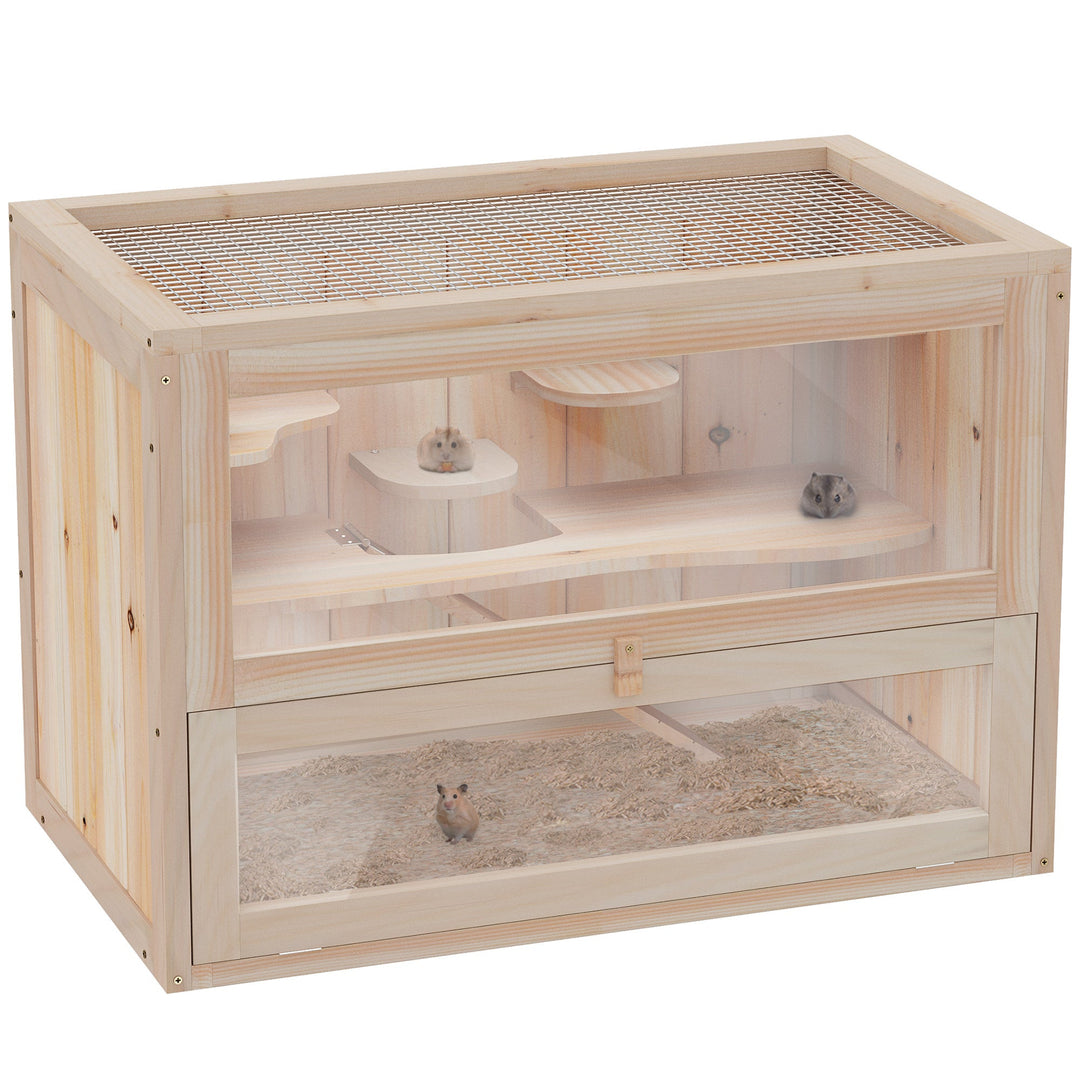Wooden Hamster Cage Mouse Mice Rodent Small Animals Hutch Exercise Play House 60 x 35 x 42cm, Natural Wood