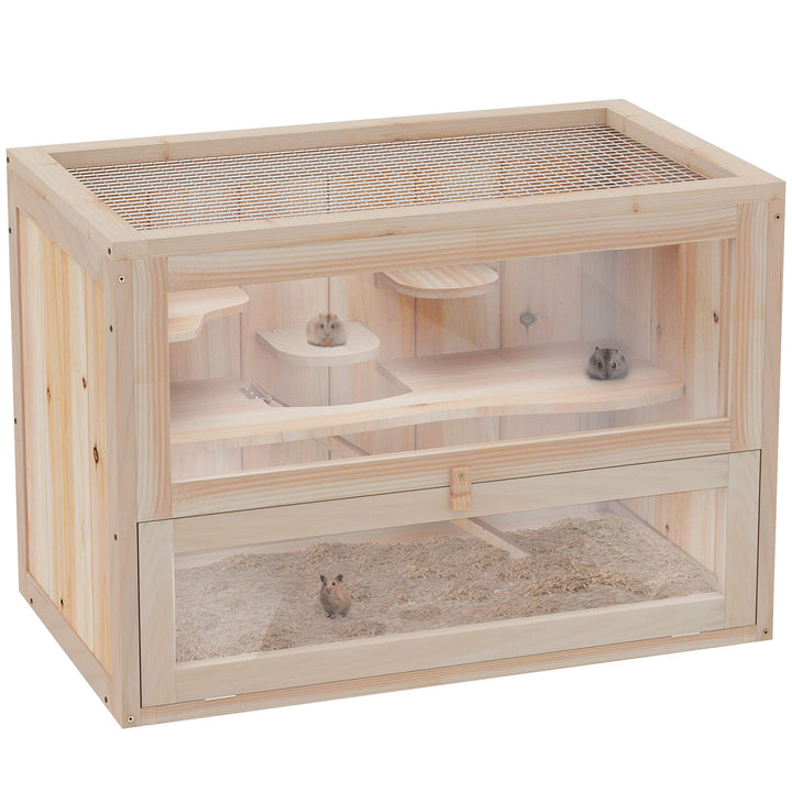 Wooden Hamster Cage Mouse Mice Rodent Small Animals Hutch Exercise Play House 60 x 35 x 42cm, Natural Wood