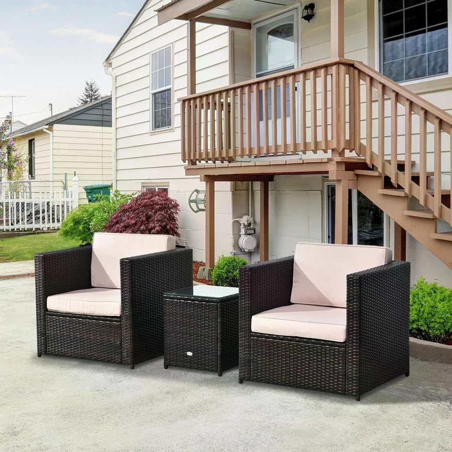 2-Seater Rattan Sofa Furniture Set W/Cushions, Steel Frame-Brown