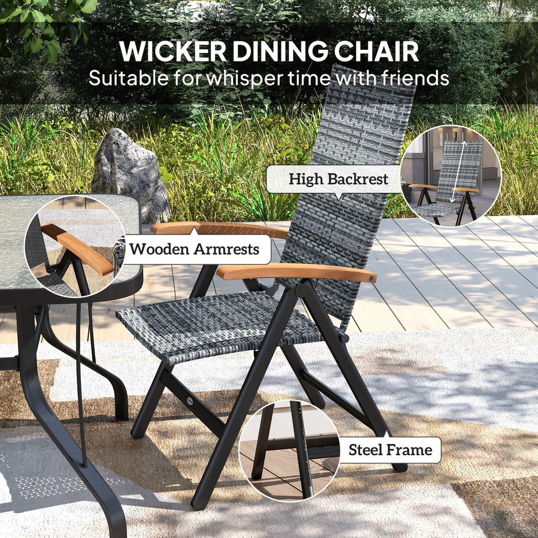 Folding Rattan Garden Dining Chair with 5-level Reclining High Back, Wood Armrests for Outdoor, Patio - Light Grey
