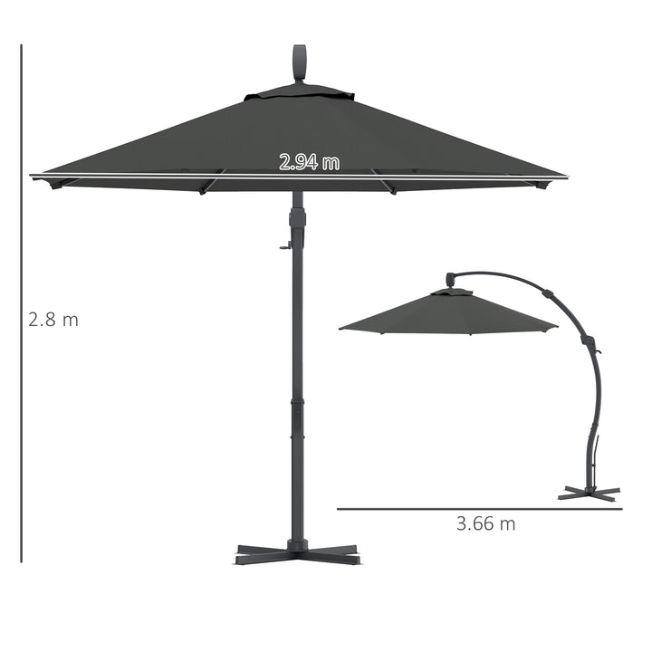 3(m) Garden Cantilever Parasol, Round Overhanging Umbrella with Crank Handle, Cross Base, Aluminium Frame and 360° Rotation, Banana Patio Umbrella for Outdoor Sun Shade, Grey
