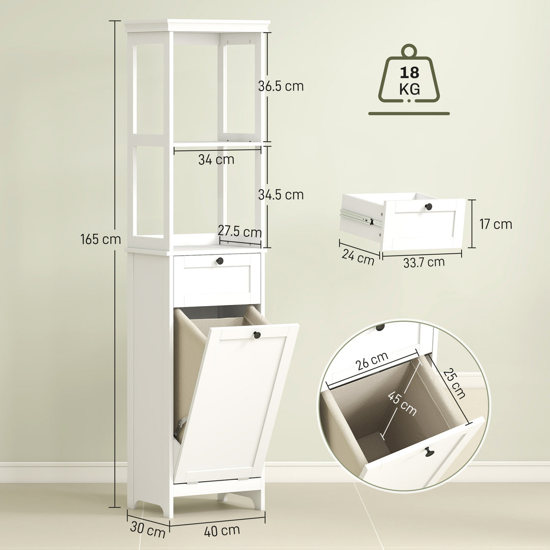 Tall Bathroom Cabinet, with Laundry Basket - White