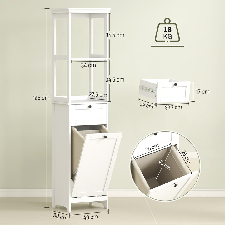 Tall Bathroom Cabinet, with Laundry Basket - White