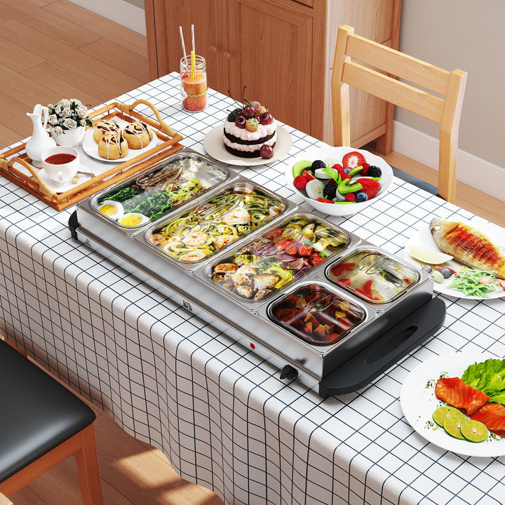 Electric Food Warmer 5 Tray, 9.2L Portable Buffet Server and Warming Tray with Lids, Adjustable Temperature Control and Cool Touch Handles, 450W, 3 x 2.4L and 2 x 1L, Silver Tone
