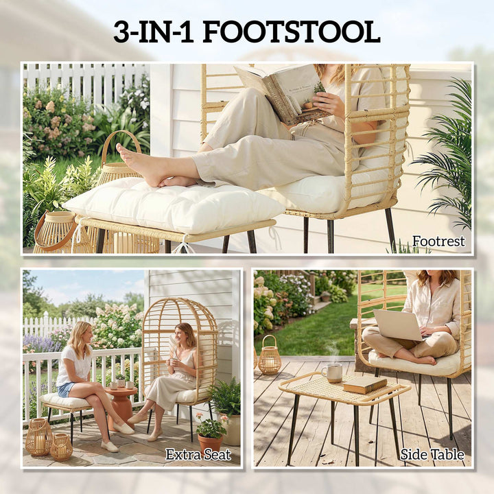 Garden Egg Chair with Footstool, Rattan Indoor Outdoor Lounge Chair an