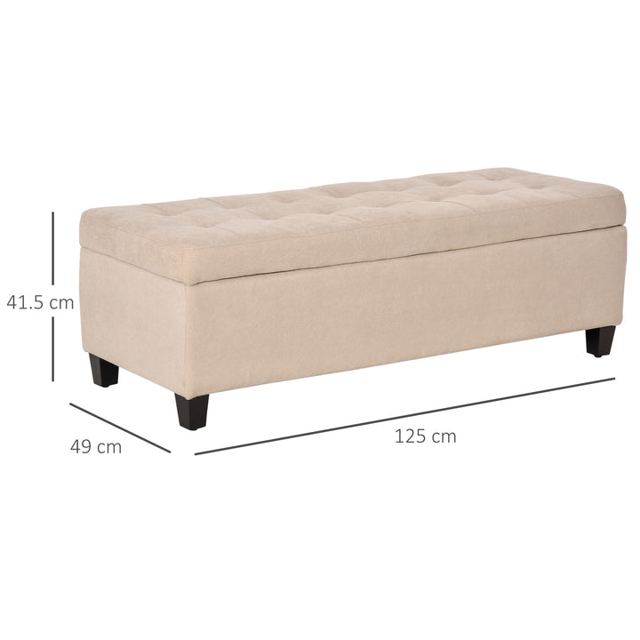 HOMCOM Linen Ottoman Storage Bench, Padded Footrest with Tufted Design, Hinged Lid, Wooden Frame, 125L x 49W x 41.5H cm, Beige | Aosom UK