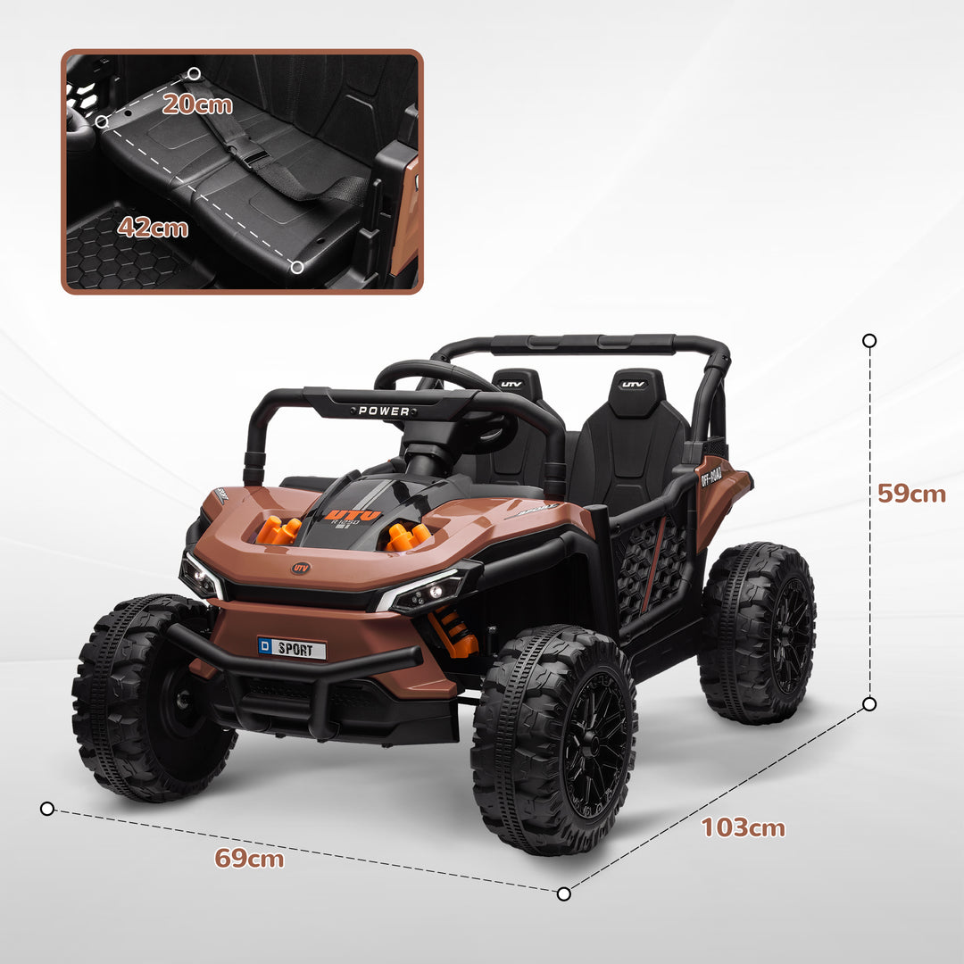 AIYAPLAY 12V Battery Powered Ride on Truck w/ Remote, Four Suspension Wheels, Horn, Lights, Music, USB, for Ages 3-5 Years, Brown