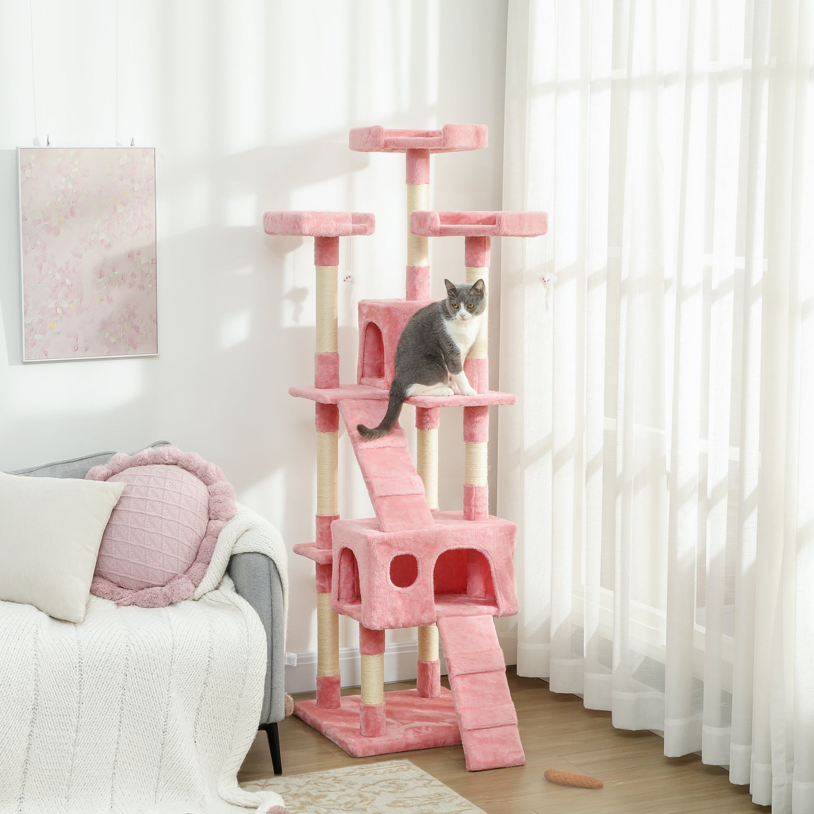 PawHut 173cm Cat Tree Scratching House, Activity Play Centre, Pink