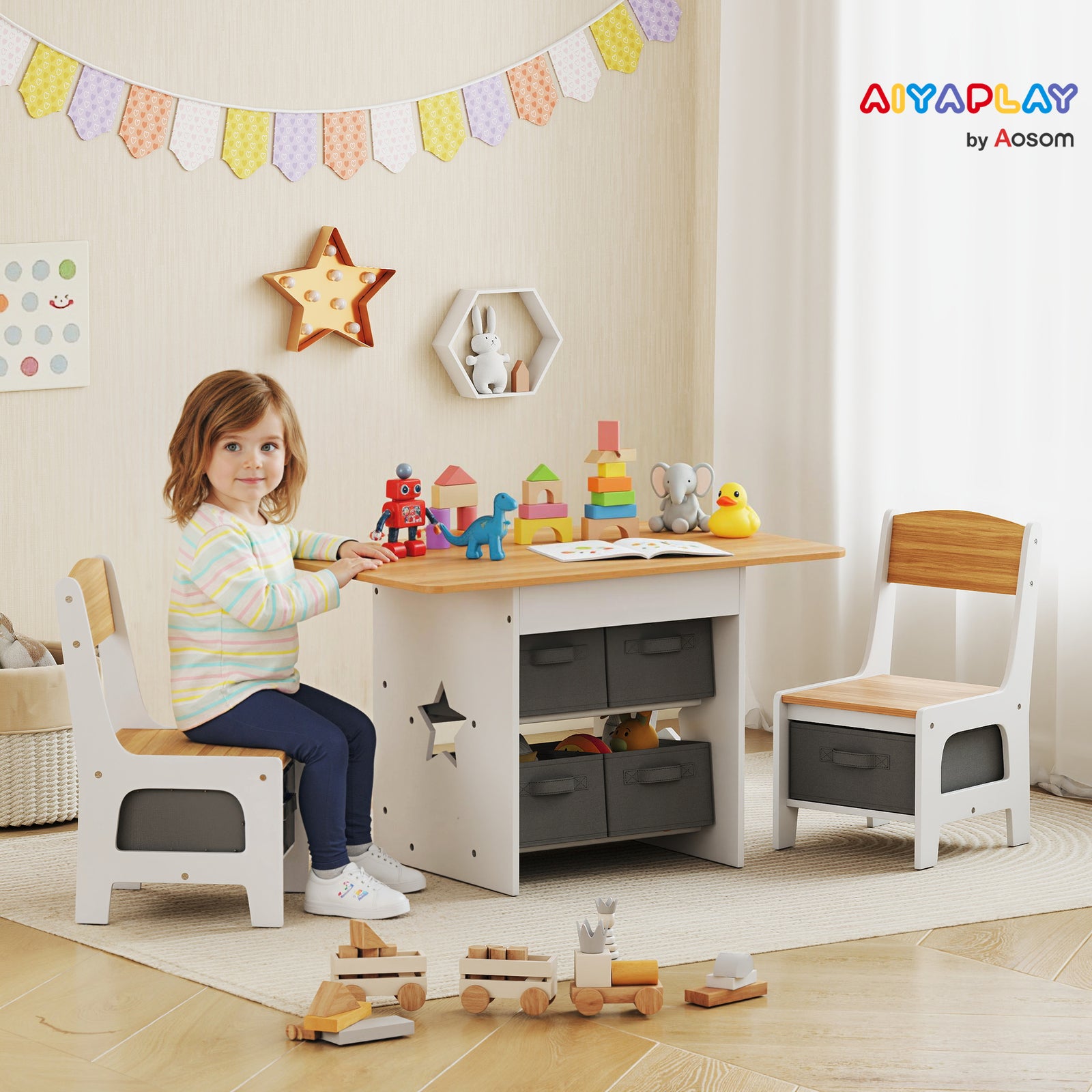 Kids Table and Chair Set, Toddler Table and 2 Chairs Set with 6 Remova
