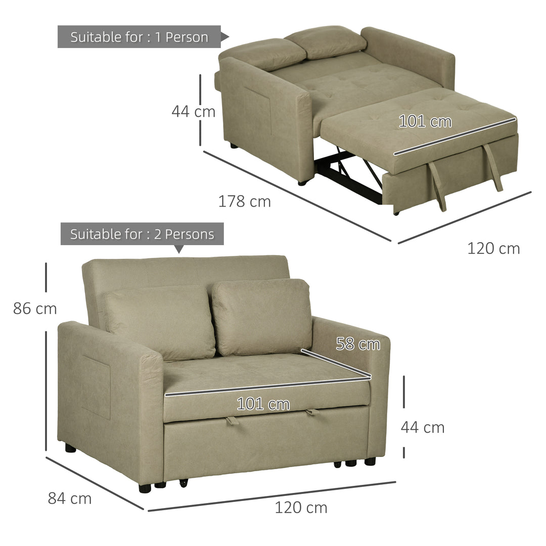 Loveseat Sofa Bed, Convertible Bed Settee with 2 Cushions, Side Pockets for Living Room, Light Brown