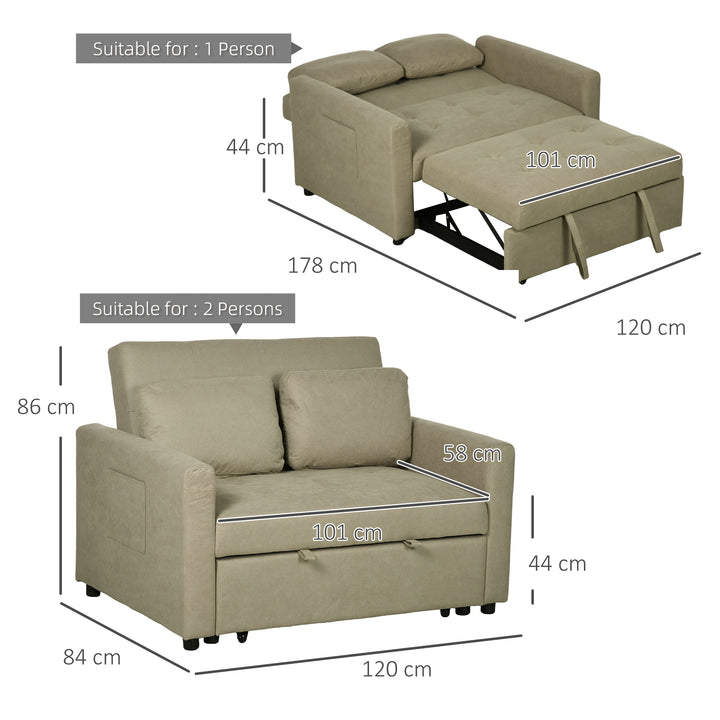 Loveseat Sofa Bed, Convertible Bed Settee with 2 Cushions, Side Pockets for Living Room, Light Brown