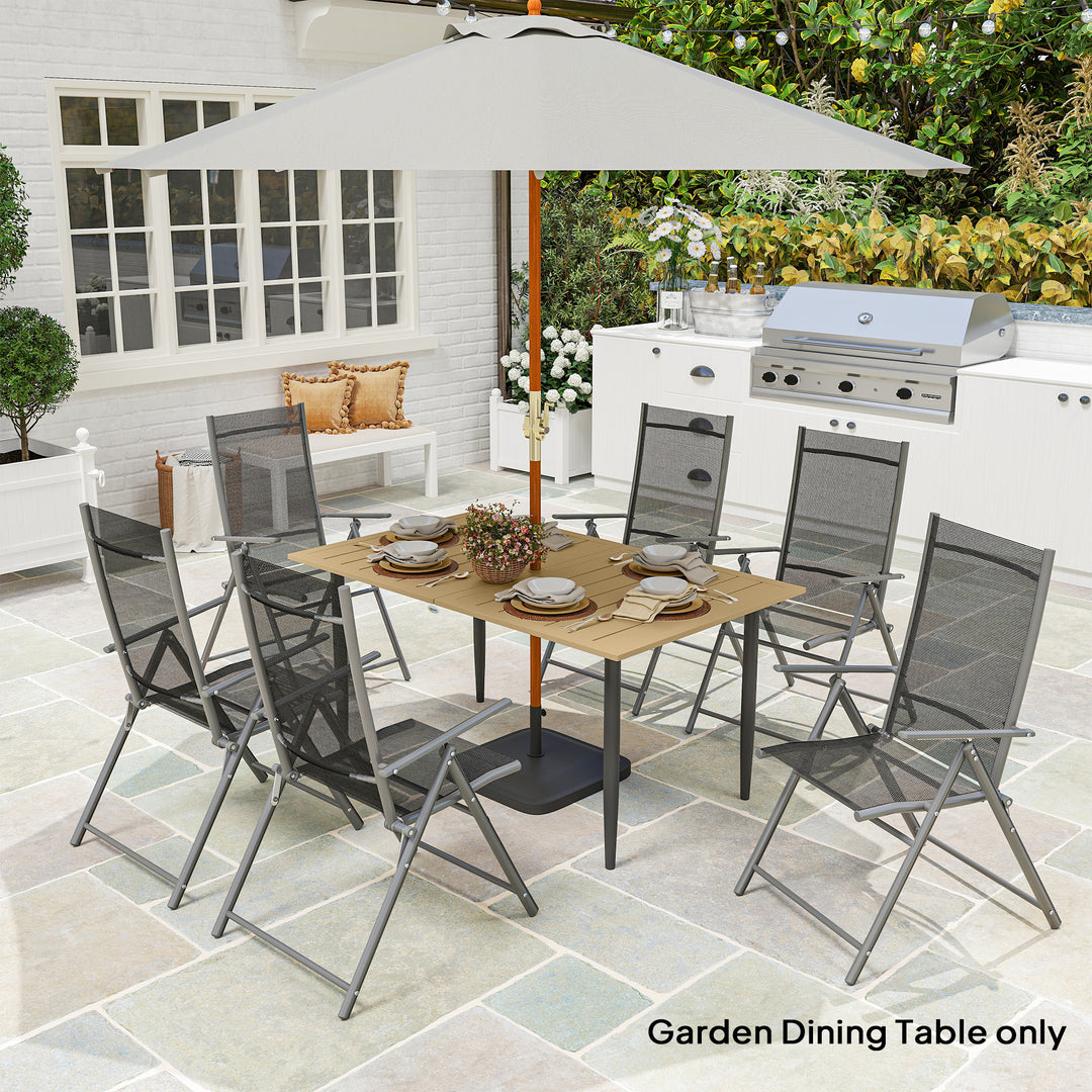 Garden Dining Table, 150 x 90 cm Rectangle Outdoor Table with 5 cm Parasol Hole, Slatted Tabletop and Steel Frame for Patio Balcony, (Table Only) Brown