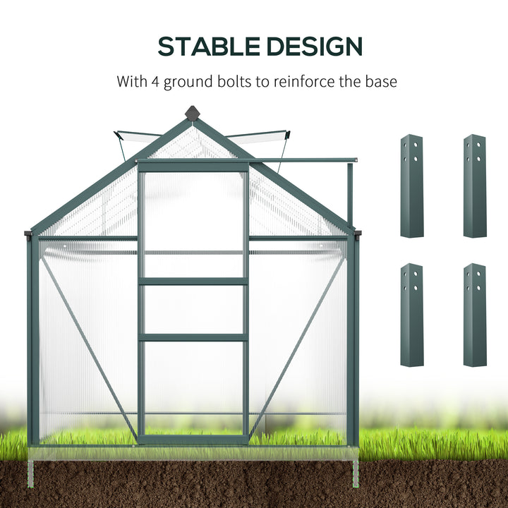 6 x 10ft Polycarbonate Greenhouse, Large Walk-In Green House with Slide Door and Window, Garden Plants Grow House with Aluminium Frame and Foundation, Dark Green