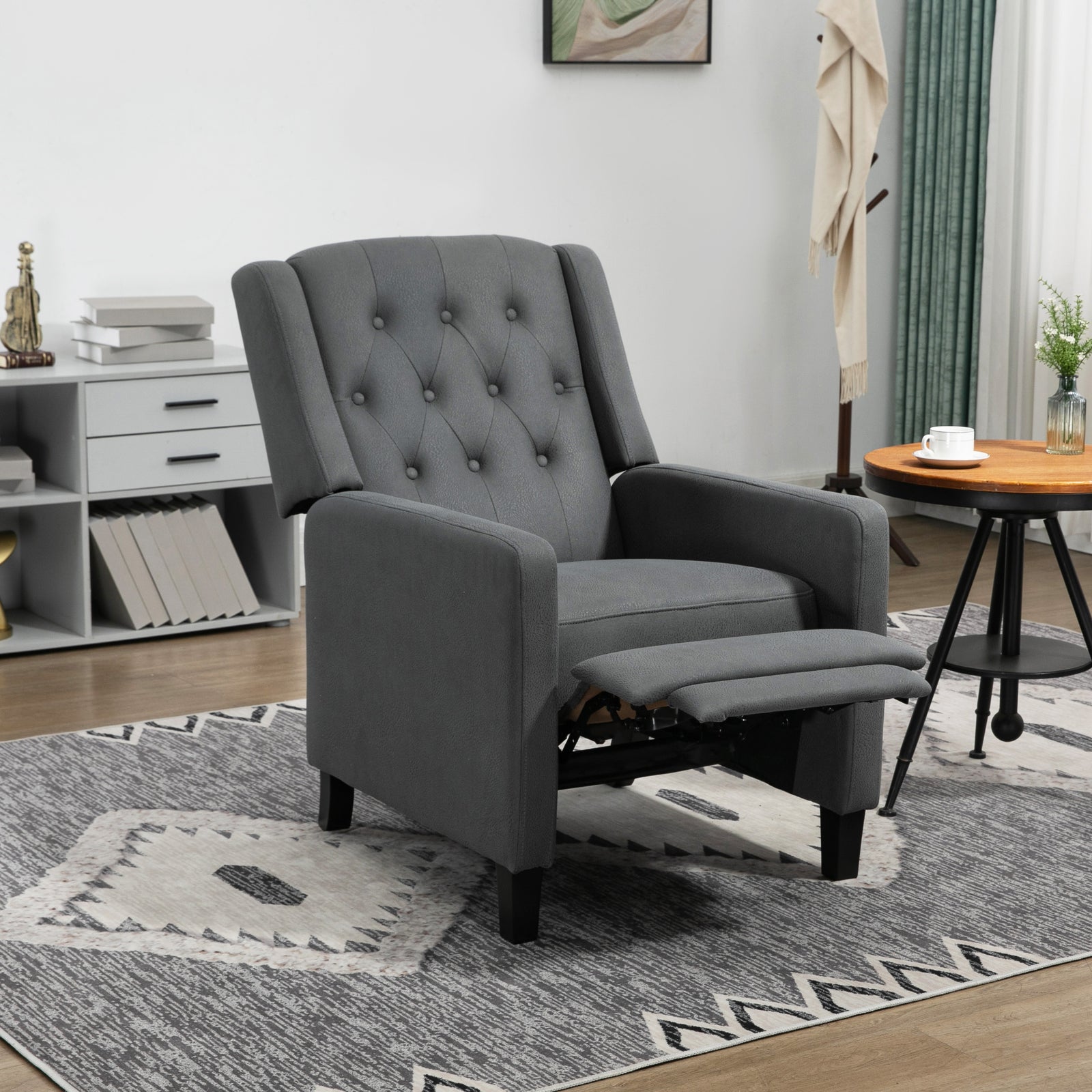 Wingback Recliner Chair for Home Theater, Button Tufted Microfibre Cloth Reclining Armchair with Leg Rest, Deep Grey