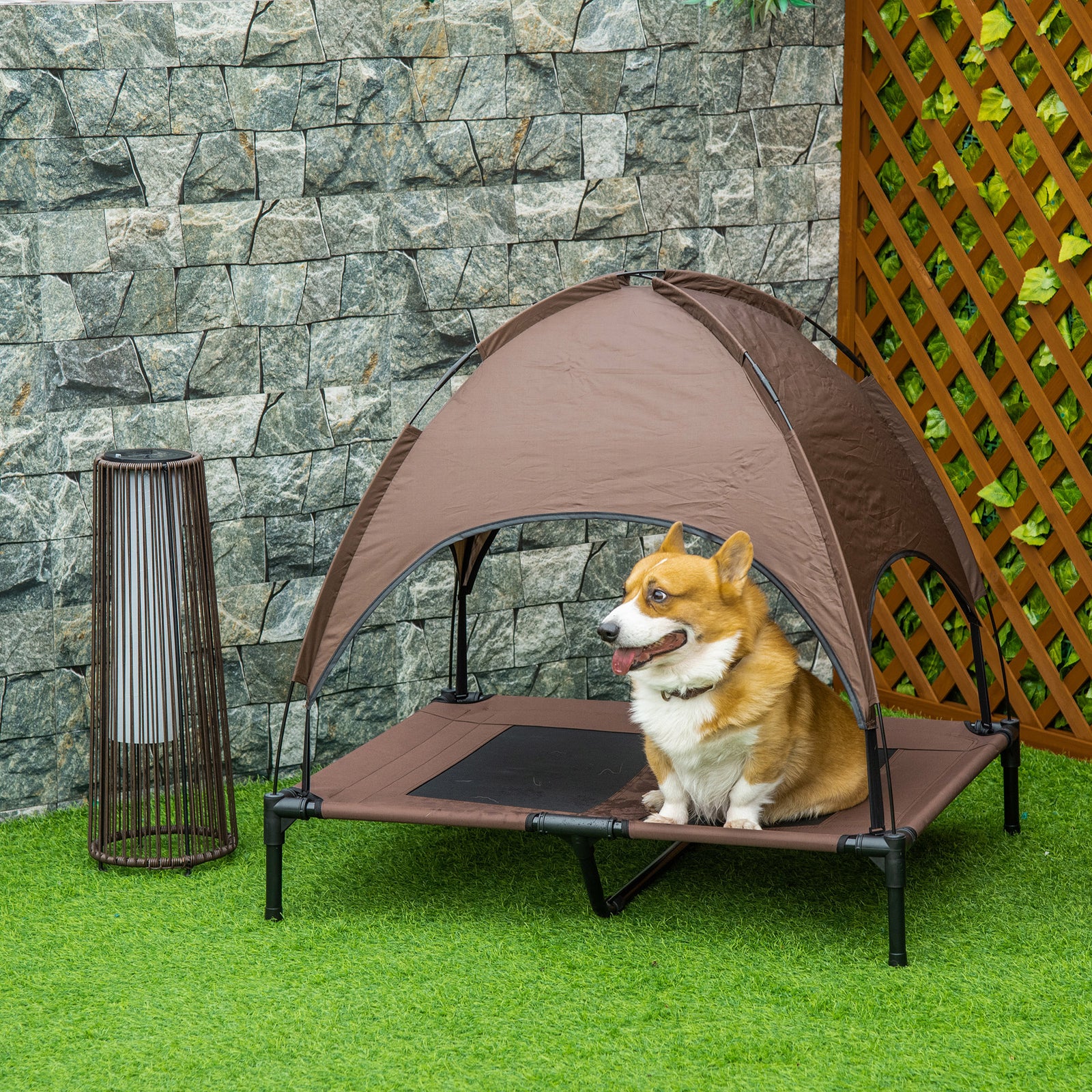 Raised Dog Bed Waterproof Elevated Pet Cot with Breathable Mesh UV Protection Canopy Brown, for Large Dogs, 92 x 76 x 90cm