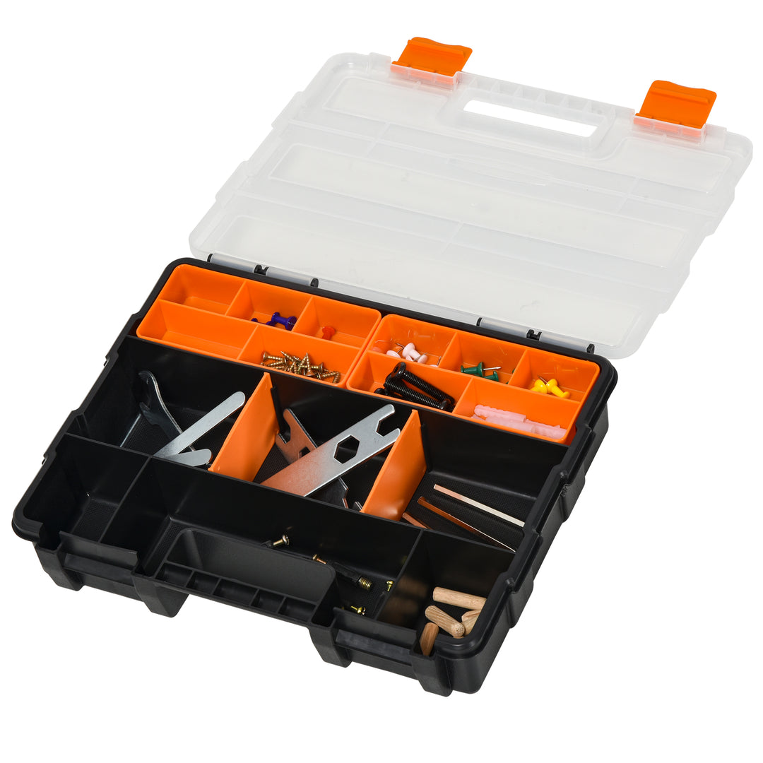 Set Of 4 Plastic DIY Tool Storage Boxes w/ Inside Dividers Locking Lids Home Garage Organisation Stacking Arts Crafts Bolts Black Orange