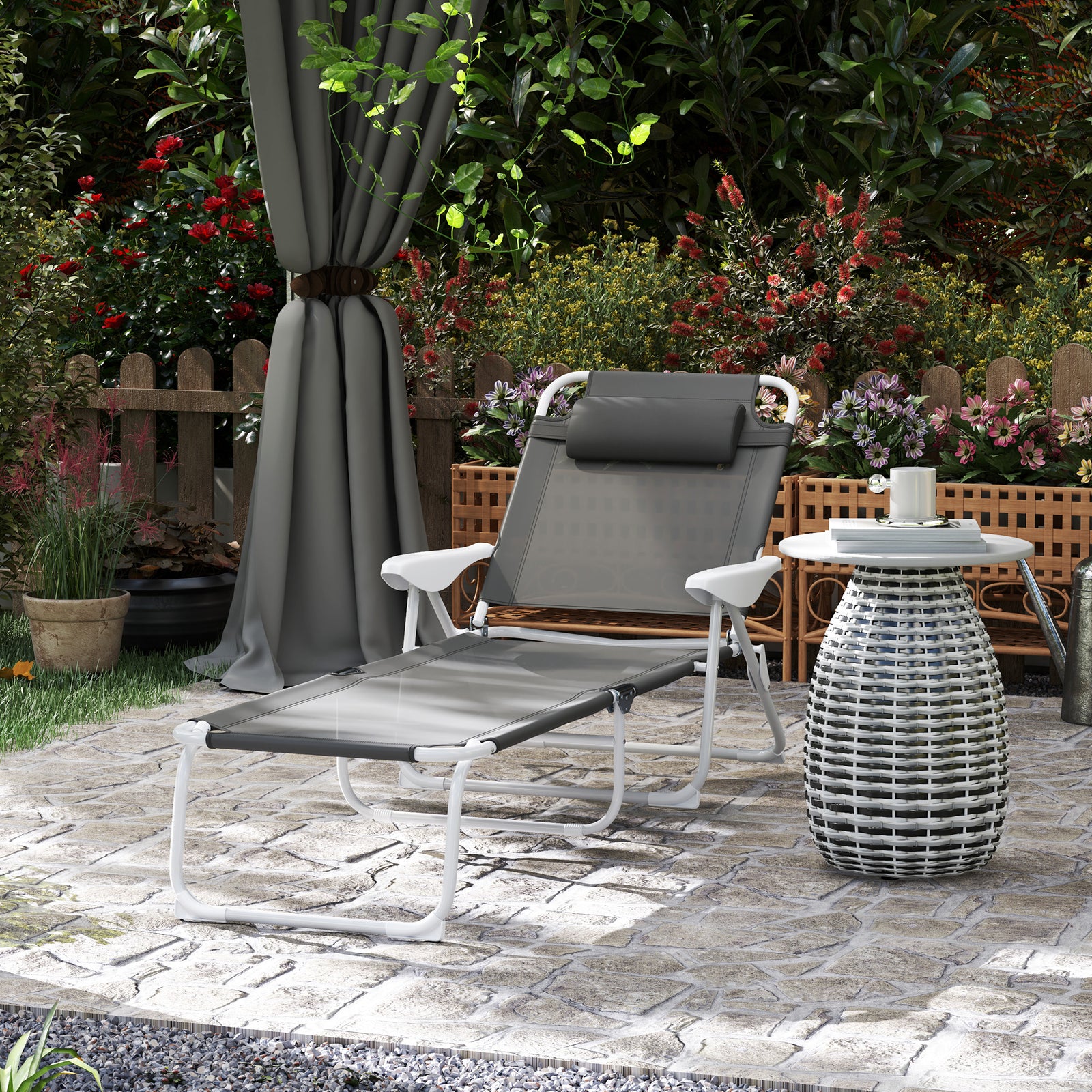 Foldable Lounge Chair with 4-Level Adjustable Backrest & Headrest - Charcoal Grey