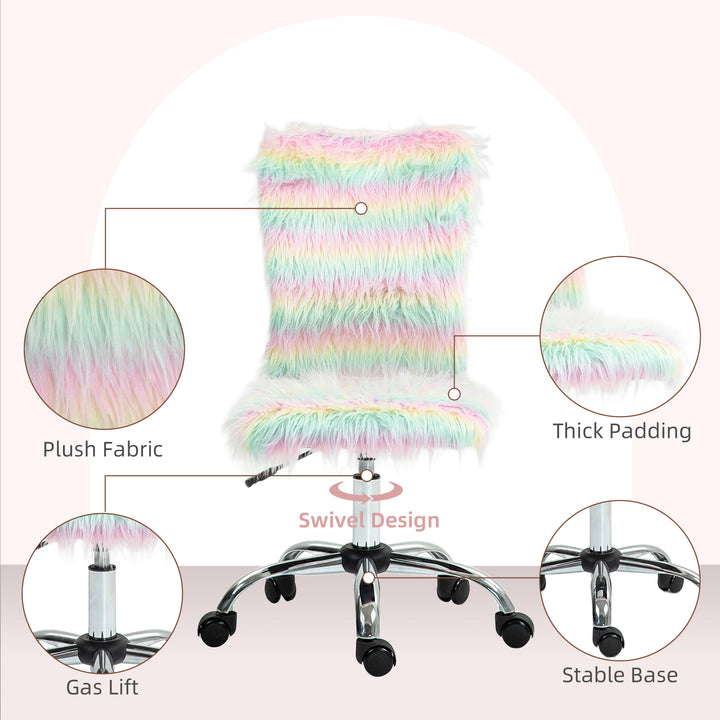 Fluffy Desk Chair, Armless Students Chair, Makeup Vanity Chair with Adjustable Height, Rolling Wheels for Home Study Bedroom, Unicorn Tone