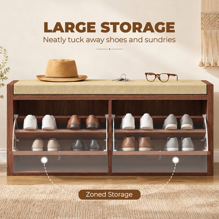 Rattan Shoe Bench with Padded Cushion and 2 Cabinets for Hidden Storag
