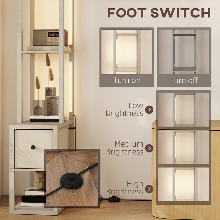 Floor Lamp with Shelves, LED Column Modern Standing Lamp with Fabric Drawer, Adjustable Brightness, Foot Switch for Living Room, Bedroom, Office, Oak