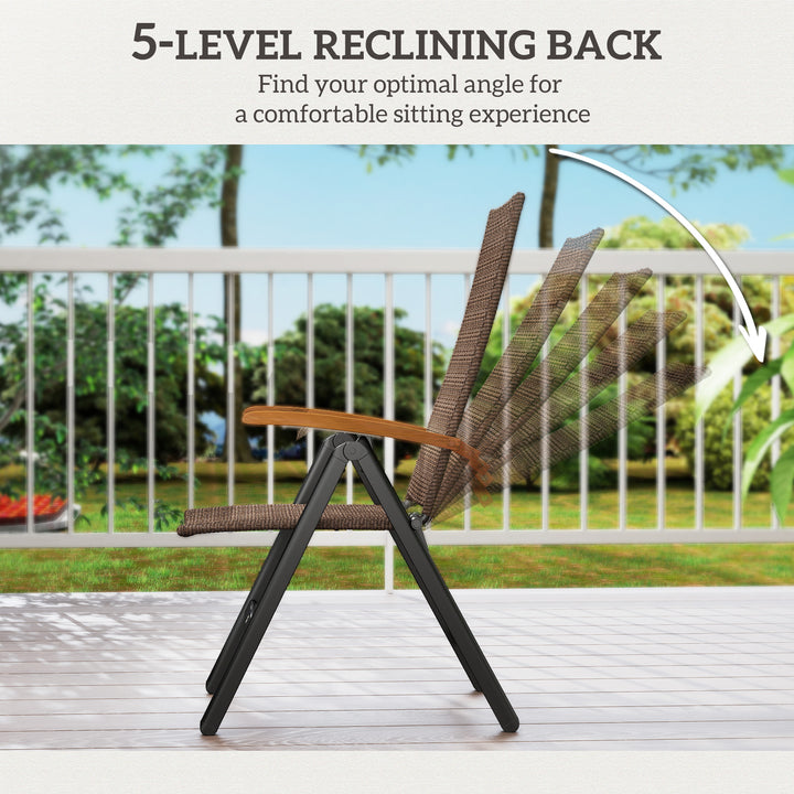 2 Pieces Folding Rattan Garden Dining Chairs with 5-level Reclining High Back, Wood Armrests for Outdoor - Brown