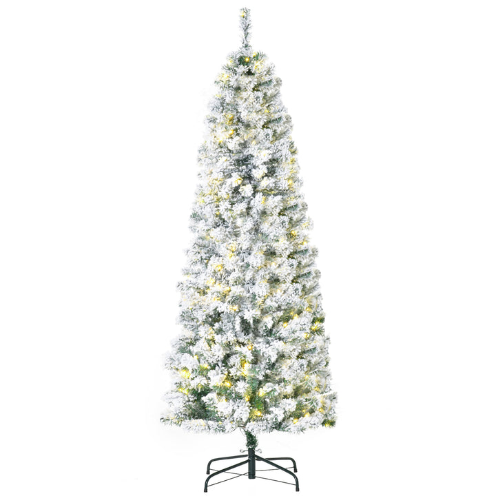 HOMCOM 6 Feet Prelit Artificial Snow Flocked Christmas Tree with Warm White LED Light, Holiday Home Xmas Decoration, Green White