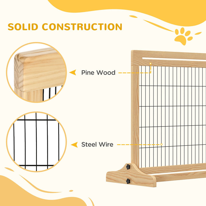 Freestanding Dog Gate, Foldable Pet Fence, Indoor Wood Barrier, Stair Gate with Support Feet, for Doorway, Hallway, Small and Medium Dogs, 69H x 104-183 cm, Natural Wood Finish