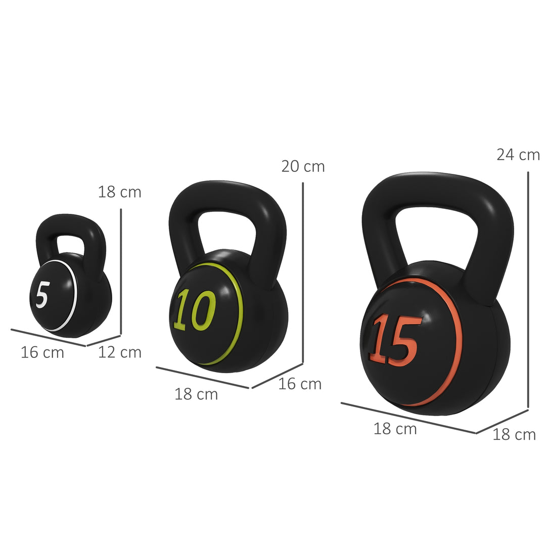 SPORTNOW Kettlebell Set with Storage Rack, 3-Piece Weights for Strength Training, Home Gym, 5lbs, 10lbs, 15lbs